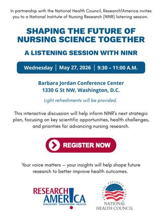Today is #NationalNursesDay and the start of  #NationalNursesWeek. In partnership with the National Health Council (@nhcouncil), Research!America invites you to participate in a National Institute of Nursing Research (NINR, @nihgov) listening session on Wednesday, May 27.

This interactive session is part of a broader series of stakeholder engagement forums designed to inform the development of NINR’s next strategic plan. The discussion will focus on emerging scientific opportunities, pressing health challenges, and priorities for advancing nursing research.

Your perspective will help ensure that NINR’s future direction reflects real-world needs and supports research that delivers meaningful improvements in health outcomes. Light refreshments will be provided. 

Register today at the link in bio. We hope you will be able to join us for this important conversation.