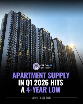 75,200 units delivered in Q1 2026. That's the lowest quarterly total since early 2022.

For context: deliveries were consistently above 100,000 units per quarter between mid-2023 and late 2024. That era is over.

The South is still leading the nation but has seen the sharpest drop. Phoenix and Dallas are the outliers still posting strong numbers.

Fewer units coming online means less pressure on occupancy and rents. For multifamily investors who've been waiting for the supply wave to break, this is the signal.

👉 Tap the link in bio to subscribe to CRE Daily for more timely news, trends, and transactions in commercial real estate.

#commercialrealestate #realestatenews