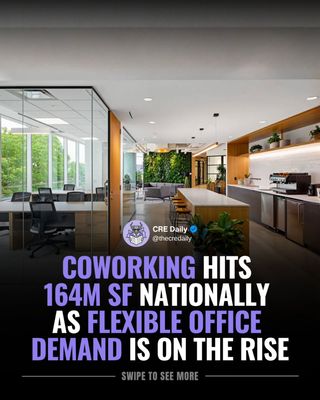 Coworking just hit 164M SF nationally. Up 16.5% in a single year.

Hybrid work has settled at around 55% attendance since the pandemic. Workers aren't going back full time and the office market is adapting around that reality.

Landlords are offering shorter leases, flexible layouts, and coworking partnerships just to compete. Medical office is quietly taking over new construction. And vacancy in the best markets is tightening fast.

👉 Tap the link in bio to subscribe to CRE Daily for more timely news, trends, and transactions in commercial real estate.

#commercialrealestate #realestatenews