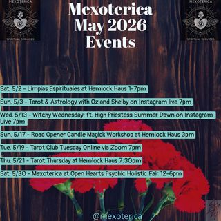 ✨💐May Events, Classes, & Workshops💐✨

I will post my reading schedule weekly so you know where I’ll be 🔮🃏

Can’t make it to the shop? No worries, I also offer virtual readings and in-home services in DFW (send DM for more info). ✉️

I hope to see soon! Have a blessed and magickal month of May! 💐✨

-Oz 🪬
•
•
•
#mexoterica #tarot #tarotreadings #may #events
