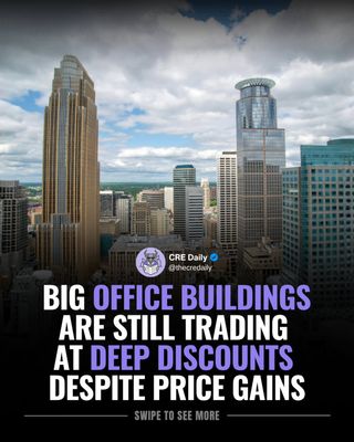 Office prices are up 9.9% annually. Sounds like a recovery. Look closer and it's a different story.

A San Francisco tower sold for $100M — nearly $300M below its 2019 price. A Boston building went for $95M in foreclosure, down $150M from 2020. Large office assets in gateway cities are still getting crushed.

The gains are coming from smaller deals in secondary markets. Dallas, San Jose, Richmond. That's where the real price growth is happening.
The office market isn't recovering. It's splitting in two.

👉 Tap the link in bio to subscribe to CRE Daily for more timely news, trends, and transactions in commercial real estate.

#commercialrealestate #realestatenews