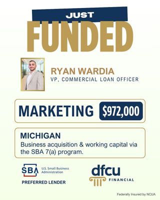 Growth doesn’t wait. Smart financing makes it happen.

A Michigan-based marketing firm took a major step forward through a business acquisition paired with working capital, financed through the SBA 7(a) program. This structure gave them the flexibility to expand operations while keeping cash flow strong for day-to-day growth.

✅ Business Acquisition
✅ Working Capital Support
✅ SBA 7(a) Financing

Big kudos to Ryan Wardia, VP, Commercial Loan Officer, for guiding this client from opportunity to close with a solution built to scale.

👉 Thinking about acquiring or expanding your business? Explore your options at the link in our bio.