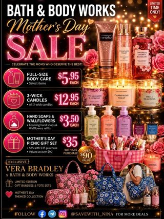 🛍️Comment “Shop” and I’ll send you the direct link to shop

🌸 BATH & BODY WORKS MOTHER’S DAY SALE 🌸
These deals are TOO GOOD 😍💖

🛍 Full-Size Body Care → $5.95
🕯 3-Wick Candles → $12.95
🧼 Hand Soaps & Wallflowers → $3.50
🎁 Mother’s Day Gift Set → $35 ($90+ value!)

PLUS ✨ Vera Bradley x Bath & Body Works collection is SO cute 💐

🏃‍♀️ Run before scents sell out!
Iink https://rstyle.me/+wyb12TRlvrH8OivIS1F9GA

#bathandbodyworks #mothersdaygifts #bathandbodyworkssale #candlelover #deals
