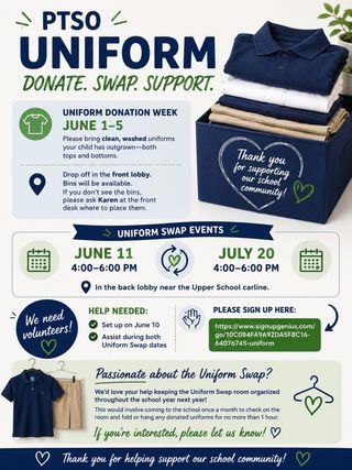 👕✨ Help us support our school community! ✨👕
Our PTSO Uniform Donation Week is coming up June 1–5! Donate clean, gently used uniform tops and bottoms your child has outgrown to help other families prepare for the new school year. Donations can be dropped off in the front lobby bins. 

Then join us for our Uniform Swap Events: 📅 June 11 | 4–6 PM 📅 July 20 | 4–6 PM 📍 Back lobby near the Upper School carline
We’re also looking for volunteers to help with setup and swap nights! 💙💚
Link [in bio] | https://www.signupgenius.com/index.cfm?go=w.manageSignUp#/64076745/share/

Thank you for helping make this resource possible for our school families! #SchoolCommunity #PTSO #UniformSwap #DonateSwapSupport VolunteerOpportunity
——————
👕✨ ¡Ayúdanos a apoyar a nuestra comunidad escolar! ✨👕

¡Nuestra Semana de Donación de Uniformes PTSO se acerca del 1 al 5 de junio! Done blusas y pantalones de uniforme limpios y usados con cuidado que su hijo haya superado para ayudar a otras familias a prepararse para el nuevo año escolar. Las donaciones se pueden dejar en los contenedores del vestíbulo principal.

Entonces únete a nosotros para nuestros eventos de intercambio de uniformes: 📅 11 de junio | 4–6 PM 📅 20 de julio | 4–6 PM 📍 Vestíbulo trasero cerca de la línea de la escuela secundaria

¡También estamos buscando voluntarios para ayudar con la configuración y el intercambio de noches! 💙💚

Enlace [en biografia]| https://www.signupgenius.com/index.cfm? go=w.manageSignUp/64076745/compartir/

¡Gracias por ayudar a hacer posible este recurso para nuestras familias escolares! SchoolCommunity PTSO UniformSwap DonateSwapSupport VolunteerOpportunity