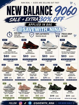 🛍️Comment “Sale” and I’ll send you the direct link to shop 

👟 NEW BALANCE 9060 SALE 👟 

Major price drops + EXTRA 30% OFF automatically applied in bag 🔥 

✨ Tons of colorways for adults + kids 
✨ Prices drop even lower in cart

🏃‍♀️ Run before your size is gone!
Link https://go.sylikes.com/fayVMo9xwYzR

#NewBalance #NB9060 #SneakerDeals #ShoeDeals #NewBalance9060 Sneakerhead SaleAlert SaveWithNi