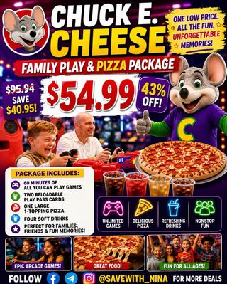 🛍️Comment “Me” and I’ll send you the direct link to shop

🎮🍕 CHUCK E. CHEESE DEAL ALERT 🍕🎮

Family Play & Pizza Package ONLY $54.99 🤯🔥

✅ 60 Minutes Unlimited Play
✅ 2 Reloadable Play Pass Cards
✅ Large 1-Topping Pizza
✅ 4 Soft Drinks

Perfect for family fun, date nights, or keeping the kids entertained all summer long 🕹️✨

🏃‍♀️ Don’t wait… this deal is TOO GOOD!
Link https://mavely.app.link/hCazQFbpr3b

#ChuckECheese #FamilyDeals #KidsActivities #PizzaNight #ArcadeFun
