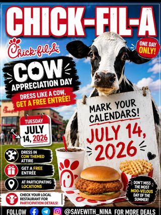 🛍️Comment “Me” and I’ll send you the details

🐄 FREE CHICK-FIL-A ALERT! 🐄

Cow Appreciation Day is BACK on July 14, 2026! 🎉

Dress like a cow and score a FREE entrée at participating Chick-fil-A locations! 🍗❤️
https://www.chick-fil-a.com/cow-appreciation-day

#ChickfilA #CowAppreciationDay #FreeFood #Freebies #Deals