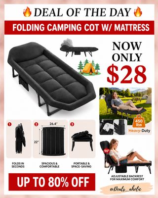 🏕️ CAMPING DEAL ALERT! 🏕️

This Folding Camping Cot with Mattress is down to just $28! 🤯

✅ Folds in seconds
✅ Adjustable backrest
✅ Heavy-duty design
✅ Great for camping, guests, road trips, office naps & small spaces
✅ Comfortable mattress included

At this price, it’s hard to find a camping chair, let alone a full cot! 😍

https://mavely.app.link/fzo51VlLP3b

🔥 Join our Telegram for hidden discounts first: t.me/dealsaholic

⚡ Telegram gets the deals before they sell out

#ad Prices and promotions may change at any time

#walmartdeals #onlinedeals