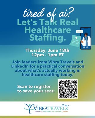 You won't want to miss our webinar with LinkedIn on Thursday!

We'll be discussing workforce trends, smarter recruiting strategies, clinician expectations, brand visibility, and how healthcare organizations can build stronger partnerships to attract and retain top talent.

🎟️ Click the link below or scan the QR code to reserve your spot!

https://events.teams.microsoft.com/event/d7ef3960-0ba6-4be1-b2fd-f8f1842e413d@09e34c04-35cc-443f-bfc6-9cba3aed27a8

#HealthcareStaffing #HealthcareLeadership #TalentAcquisition #RecruitmentStrategy #HealthcareWorkforce #ClinicianRecruitment #LinkedIn #VibraTravels #HealthcareJobs #WorkforceSolutions