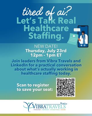 📣 NEW DATE for our Webinar!

Our upcoming webinar with LinkedIn has been rescheduled to Thursday, July 23rd at 12pm ET.

The good news? You'll still have the opportunity to join us for an insightful conversation on today's healthcare workforce landscape.

We'll be discussing workforce trends, smarter recruiting strategies, clinician expectations, brand visibility, and how healthcare organizations can build stronger partnerships to attract and retain top talent.

🎟️ Click the link below to reserve your spot!
https://events.teams.microsoft.com/event/d7ef3960-0ba6-4be1-b2fd-f8f1842e413d@09e34c04-35cc-443f-bfc6-9cba3aed27a8

#HealthcareStaffing #HealthcareLeadership #TalentAcquisition #RecruitmentStrategy #HealthcareWorkforce #ClinicianRecruitment #LinkedIn #VibraTravels #HealthcareJobs #WorkforceSolutions
#HealthcareStaffing #HealthcareLeadership #TalentAcquisition #RecruitmentStrategy #HealthcareWorkforce #ClinicianRecruitment #LinkedIn #VibraTravels #HealthcareJobs #WorkforceSolutions