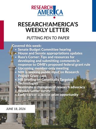 📣 It’s time to put pen to paper! 📝
 
The latest edition of our Weekly Letter provides tips you can use to develop and submit comments in response to the Office of Management and Budget’s (OMB) proposed federal grant rule. Research!America has generated and compiled resources to help both individuals and organizations submit public comments about this rule.
 
Explore the Weekly Letter for more information on OMB’s proposed rule and how to respond to it. As always, the Weekly Letter also provides updates from Capitol Hill and other noteworthy items for the research advocacy community. Read more at the link in our bio.