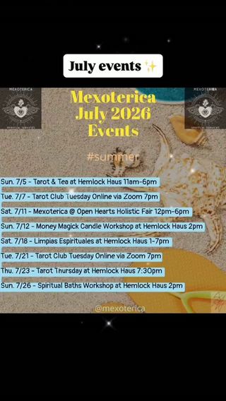 July events, classes, & workshops ☀️✨

I hope to see you soon! 🫶🏽

-Oz 🪬
•
•
•
#mexoterica #tarot #classes #events #fortworth