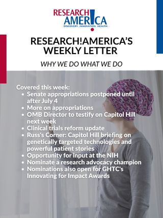 Earlier this week, Research!America hosted a briefing on Capitol Hill about the life-changing potential of genetically targeted technologies. We heard powerful testimony from patients about why medical research is important. 

Personal stories like these demonstrate why we do what we do as research advocates. Read more about patient experiences in this week's Weekly Letter. 

The Weekly Letter also provides the latest on the appropriations process, which has been postponed in the Senate. Also, the OMB Director will testify next week during an oversight hearing on Capitol Hill. Other topics covered include clinical trials reform, a new request for information from the NIH, as well as award nomination opportunities. 

Explore the Weekly Letter and subscribe today! 
Link in bio.