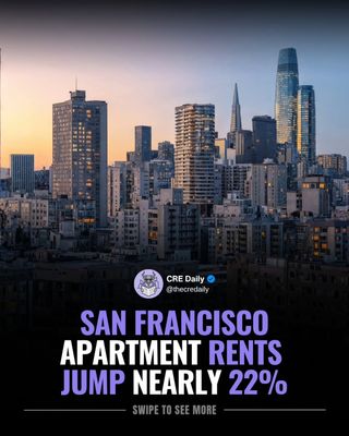 US apartment rents are showing signs of recovery, but San Francisco is leading the way with one-bedroom rents up nearly 22% year over year.

As new apartment construction slows and AI-driven job growth boosts demand, supply-constrained markets are regaining pricing power while many Sun Belt cities continue to face softer rents.

The growing gap between markets highlights why local supply and demand matter more than ever.

Which market do you think will see the strongest rent growth over the next year?

👉 Tap the link in bio to subscribe to CRE Daily for more timely news, trends, and transactions in commercial real estate.

#commercialrealestate #realestatenews #multifamily