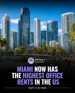 Miami now has the highest average office rents in the US, with premium buildings in Brickell and Downtown leading the way.

As finance firms, family offices, and AI-driven businesses compete for trophy office space, Class A rents are climbing above $100 PSF in some of the city’s most sought-after locations.

With new developments on the way, Miami continues to strengthen its position as a premier office destination.

👉 Tap the link in bio to subscribe to CRE Daily for more timely news, trends, and transactions in commercial real estate.

#commercialrealestate #realestatenews #office