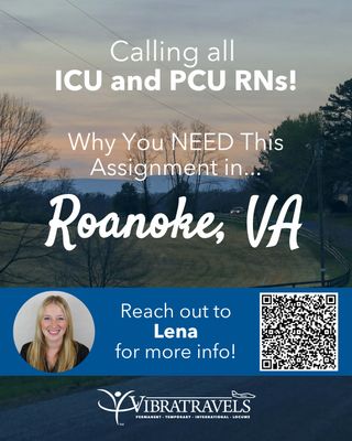 This week’s hot opportunity is in… Roanoke, Virginia! ⛰️💙

We’re looking for compassionate Registered Nurses for ICU and PCU assignments in the heart of Virginia's Blue Ridge Mountains. If you're ready to grow your critical care experience while enjoying breathtaking scenery, this could be your perfect next assignment. 🏥✨

When you're off the clock, Roanoke has plenty to explore:

🏞️ Hike the iconic McAfee Knob or explore the Blue Ridge Parkway
🚴 Bike miles of scenic greenways and mountain trails
⭐ Snap a photo at the famous Roanoke Star overlooking the city
🎭 Explore museums, live music, farmers markets, and community festivals

👉 Ready to explore what's next? Connect with Lena and check out opportunities at www.vibratravels.com ✈️

#HotMarketWednesday #TravelNurse #RNJobs #ICURN #PCURN #CriticalCare #HealthcareJobs #TravelHealthcare #VirginiaJobs #RoanokeVA #VibraTravels #NowHiring