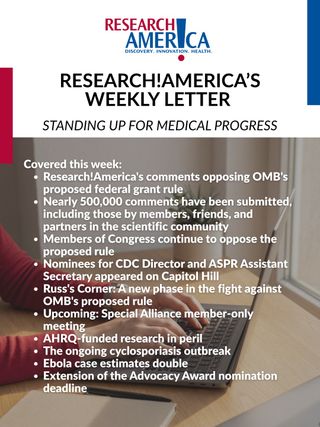 The public comment period on the proposed OMB federal grant rule has ended, but the work is far from over.

Nearly 500,000 comments were submitted, including Research!America's and those of many partners across the scientific community, sending a clear message about what's at stake for the future of science, technology, and medical research.

Now comes the next phase: ensuring policymakers at the federal and state levels understand the real-world consequences these proposed regulations could have on research, innovation, and the patients who ultimately benefit from new discoveries.

Our collective voice has made an impact, and we must keep using it to stand up for medical progress. Read more in this week's Weekly Letter. 
Link in bio.
