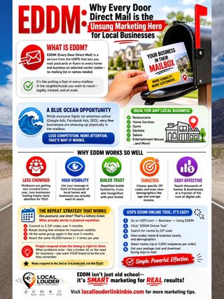 What's Old Is New Again? 🙃 Think direct mail is dead? 📬 Think again!

While everyone is fighting over Google Ads, Facebook Ads, and SEO... smart local businesses are quietly winning customers right from the mailbox.

Every Door Direct Mail (EDDM) is one of the most overlooked marketing strategies for restaurants, HVAC companies, roofers, plumbers, dentists, gyms, salons, and other local businesses.

✅ No mailing list required
✅ Target specific neighborhoods
✅ Reach thousands of local homes
✅ Less competition than digital ads
✅ Build trust through consistent visibility

The secret isn't sending one postcard—it's showing up consistently so your business is the one customers remember when they need you.

Have you ever received a postcard that made you call a local business? 😊 Tell us in the comments!

👉🏽 Save this post for your next marketing campaign and share it with another local business owner.

Follow @officiallocallouder or visit 🔗 https://locallouderlinkinbio.com for more marketing tips to help grow your local business.

#eddm #directmail #localbusinessmarketing #localbusinessowners