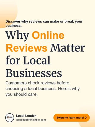 Your next customer may never visit your website… because AI answers first. 😟

When someone asks ChatGPT, Claude, Google AI, or Google Search for the best plumber, roofer, dentist, salon, restaurant, or contractor nearby, one thing consistently matters:

🎯 Your online reviews!

Reviews aren't just about earning ⭐⭐⭐⭐⭐ anymore.

Online reviews are word-of-mouth marketing reimagined! ✅ 

They're trust signals that help:
📈 Improve your local search rankings
🤖 Increase the chances of AI recommending your business
💬 Build credibility before customers ever contact you
📍 Boost visibility on Google Business Profile and Maps
💼 Help you compete with larger brands—even on a smaller marketing budget

The businesses that consistently ask for reviews, respond to feedback, and keep their Google Business Profile active are putting themselves in the best position to be found by both people and AI-powered search tools.

The bottom line?

If you're not actively generating new reviews, you're giving your competitors an advantage every single day.

➡️ Swipe through this carousel to learn why reviews matter more than ever—and how they can help your business get found, trusted, and chosen.

💬 Question 🤔 How many Google reviews does your business have right now?

Visit 🔗 https://locallouderlinkinbio.com or our link in bio for more modern, no-nonsense marketing tips to help your local business grow and flourish.

#googlereviews #googlebusinessprofile #localbusinesses #localbusinessmarketing