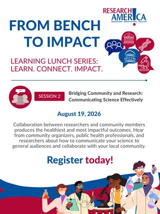 Reminder: Register today for the second session of our learning lunch series, From Bench to Impact. 

On Aug. 19, we'll host Bridging Community and Research: Communicating Science Effectively. During this session, you'll hear from community organizers, public health professionals, and researchers about how to communicate your science to general audiences and collaborate with your local community. 

Register now via the link in our bio.

#EarlyCareer #PublicHealth #Scientist #Researcher #SciComm