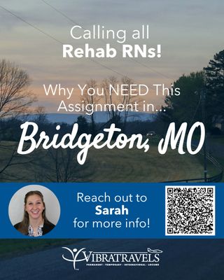 This week’s hot opportunity is in… Bridgeton, Missouri! 💙🏥

We’re looking for compassionate Rehabilitation Registered Nurses ready to make a meaningful impact by helping patients regain their independence and reach life-changing milestones. If you're passionate about patient recovery and want to work alongside a supportive rehab team, this opportunity is for you. ✨

When you're off the clock, Bridgeton offers the best of both worlds:

🌳 Explore Creve Coeur Lake Memorial Park with walking trails, kayaking, and scenic views
⚾ Catch a Cardinals game or explore downtown St. Louis
🦁 Visit the world-renowned Saint Louis Zoo and beautiful Forest Park
🍽️ Experience local restaurants, breweries, and the famous Italian cuisine on The Hill
🎶 Enjoy live music, festivals, and attractions throughout the St. Louis metro area

👉 Ready to explore what's next? Connect with Sarah and check out opportunities at www.vibratravels.com ✈️

#HotMarketWednesday #TravelNurse #RehabilitationNurse #RehabRN #RNJobs #HealthcareJobs #TravelHealthcare #MissouriJobs #BridgetonMO #VibraTravels #NowHiring