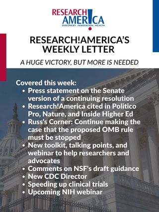 The Senate's version of the Continuing Resolution, which included a provision that would delay OMB from finalizing its proposed rule, was a huge victory this week. However, advocates have a lot more work to do. Our latest Weekly Letter provides links to a new toolkit and talking points you can use when making the case to your representatives that the proposed OMB rule must be stopped. 

Visit the link in our bio to access these critical resources and register for Tuesday's webinar where we'll provide live advocacy action with tips and a group phone bank. 

#Research #Advocacy #OMB #FederalGrants #SciPol