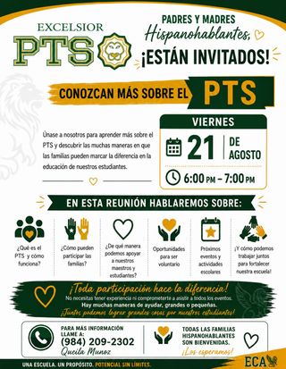 Tendremos una reunión informativa especial del PTSO para nuestras familias hispanohablantes el viernes 21 de agosto, de 6:00 a 7:00 p. m. Por favor, ingresen por la puerta de la antigua oficina principal (front office).

El objetivo de esta reunión es presentarles el PTSO a nuestras familias, compartir las diferentes maneras en que pueden participar y ayudar a fortalecer la conexión entre nuestras familias hispanohablantes y la comunidad escolar.

Agradeceríamos mucho su ayuda para compartir el volante y así poder llegar a la mayor cantidad de familias posible. ¡Todas las familias hispanohablantes son bienvenidas!

Muchas gracias por ayudarnos a mantener a nuestras familias informadas y asegurarnos de que se sientan incluidas y bienvenidas en nuestra comunidad escolar.

¡Saludos cordiales!
—————————
We will have a special PTSO briefing for our Spanish-speaking families on Friday, August 21, from 6:00 to 7:00 p.m. Please enter through the door of the old main office (front office).

The purpose of this meeting is to introduce the PTSO to our families, share the different ways in which they can participate and help strengthen the connection between our Spanish-speaking families and the school community.

We would really appreciate your help to share the flyer and thus be able to reach as many families as possible. All Spanish-speaking families are welcome!

Thank you very much for helping us keep our families informed and make sure they feel included and welcome in our school community.

Best regards!