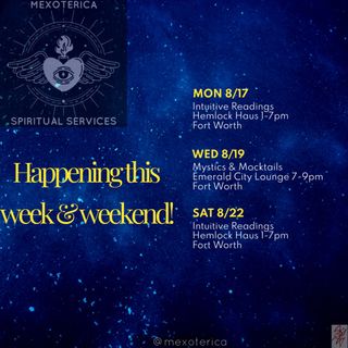 This is what I’ll be offering this week!✨

Can’t make it to the shop? No worries, I also offer virtual readings and in-home services in DFW (send DM for more info). 🏠 

Hope to see you soon! 🤩

-Oz 🪬
•
•
•
#mexoterica #tarot #reading #fortworth #texas