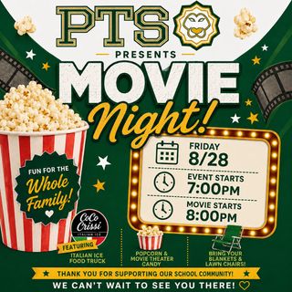 🎬🍿 PTSO MOVIE NIGHT IS COMING! 🍿🎬
FEATURING: HOPPERS 🦫

Grab your blankets, lawn chairs, and the whole family! 💚💛

Join us Friday, August 28 for a fun-filled evening with our school community!
🎟️ Event begins: 7:00 PM 🎬 Movie begins: 8:00 PM
🍿 Popcorn & movie theater candy 🍧 CoCo Crissi Italian Ice food truck
🎥 Hoppers on the big screen 🪑 Bring your blankets & lawn chairs!

💚💛 We also need volunteers to help make this night a success! If you can lend a hand, please sign up here:
👉 Volunteer Sign-Up: https://www.signupgenius.com/go/10C084FA9A92DA5F8C16-65272823-movie

We can’t wait to see you there! 🎬🍿✨
#PTSO #MovieNight #FamilyFun #SchoolCommunity #Hoppers PTSOEvents Volunteer
——————
🎬🍿 ¡SE ACERCA LA NOCHE DE CINE PTSO! 🍿🎬
CON: HOPPERS 🦫

¡Coge tus mantas, sillas de jardín y toda la familia! 💚💛

¡Únete a nosotros el viernes 28 de agosto para una velada llena de diversión con nuestra comunidad escolar!
🎟️ El evento comienza: 7:00 PM
🎬 Comienza la película: 8:00 p. m.
🍿 Palomitas de maíz y dulces de cine
🍧 Camión de comida de hielo italiano CoCo Crissi
🎥 Hoppers en la pantalla grande
🪑 ¡Trae tus mantas y sillas de jardín!

💚💛 ¡También necesitamos voluntarios para ayudar a que esta noche sea un éxito! Si puedes echar una mano, por favor regístrate aquí:
👉 Inscripción de voluntario: https://www.signupgenius.com/go/10C084FA9A92DA5F8C16-65272823-movie

¡No podemos esperar a verte allí! 🎬🍿✨
PTSO Noche de películas Diversión familiar Comunidad escolar Hoppers PTSOEvents Voluntario
