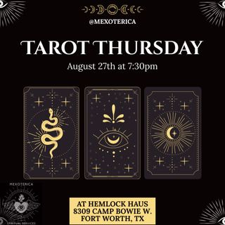 ✨🃏Join me NEXT Thursday 8/27 at Hemlock Haus in Fort Worth for Tarot Thursday my FREE monthly Tarot meetup!

🔮I will share tips and tricks and all things Tarot! You will also have a chance to practice reading and being read for. No experience? No problem! This meetup is for EVERYONE regardless of experience level. Please bring your own deck, or feel free to purchase one in shop, a journal or notebook and something to write with for any notes you’d like to take. 

🔮Come join the fun and connect with like minded people and let’s get witchy! 

-Oz 🃏✨
•
•
•
#mexoterica #hemlockhaus #tarot #community #meetup