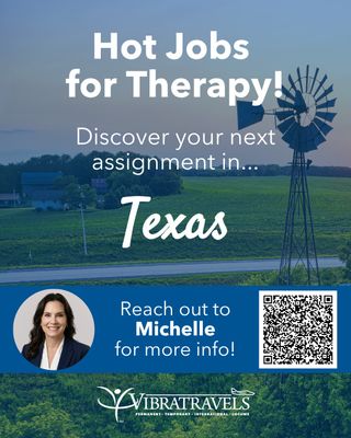 This week’s hot opportunity is for… Therapy Professionals in Texas! 🤠⭐

We’re looking for talented PTs, OTs, and SLPs, ready to take their careers to the Lone Star State! With opportunities across Texas, this is your chance to grow your experience, make a meaningful impact on patients, and discover a new place to call home along the way. 🏥✨

When you’re off the clock, there’s no shortage of things to explore:
🌮 Taste your way through incredible BBQ and Tex-Mex
🎶 Experience Austin’s legendary live music scene
🌵 Hike, bike, and explore Texas’ beautiful parks and Hill Country
🏙️ Discover the food, shopping, sports, and entertainment of cities across the state
🏖️ Plan a weekend getaway to the Gulf Coast
🤠 Soak up the unique culture and hospitality that make Texas one of a kind

👉 Ready to explore what’s next? Connect with Michelle and check out current opportunities at www.vibratravels.com ✈️

#HotMarketWednesday #TravelTherapy #TherapyJobs #PhysicalTherapy #OccupationalTherapy #SpeechLanguagePathology #AlliedHealth #TexasJobs #TravelHealthcare #HealthcareCareers #VibraTravels #NowHiring
