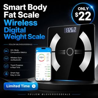 Smart Body Fat Scale with Led Display - Digital Bathroom Scale with Bluetooth, Accurate Body Composition Measurement, Muscle Mass, BMI.
Discount: 73%OFF
Original Price: $79.96
Deal Price: $21.58
Code: SH7AIBS9
https://amzn.to/4wWPrAs

✨The link can also be found in my bio @lovegooddeals