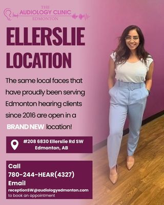 🎉 SECOND LOCATION - NOW OPEN! 🎉

The same local faces you’ve trusted to care for Edmonton’s hearing needs since 2016 are excited to announce the opening of our BRAND NEW Ellerslie location! 💜

We’re proud to continue serving you at our existing location on 75th Street while making it even easier for families located in Edmonton southside to access care. 

📍 NEW Ellerslie Location
Unit 208 - 6830 Ellerslie Rd SW
Edmonton, AB

🦻🏼 Hearing assessments, hearing solutions, and personalized care — now with another convenient location to serve you!

📞 780-244-HEAR (4327)
📧 receptionSW@audiologyedmonton.com

Contact us today to book your appointment at our new Ellerslie location!

✨💜 We can’t wait to welcome you! 💜✨

#Audiology #HearingHealth #newclinic #YEG #earstoyou