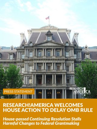 📣 Press Statement: Research!America Welcomes House Action to Delay OMB Rule 

Today's House-passed continuing resolution stalls harmful changes to federal grantmaking. 

"We must be clear on what is at stake. OMB's proposal would allow for the termination of grants – including clinical trials – midstream, without any right to appeal. It would give a single office in the White House centralized control over federal grantmaking, regardless of which party is in control. Unelected bureaucrats could subvert congressional intent and award or terminate grants based on their own political or ideological goals, not scientific merit. This proposed rule would set back medical research in this nation, delaying treatments, cures, and hope for American patients." 
- Research!America President and CEO Russ Paulsen 

🗞️ Read the full statement at the link in our bio. 

#OMB #FederalGrants #Research #MedicalResearch