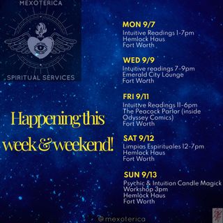 Checkout what I’ll be offering this week & weekend! ✨

Can’t make it to see me in person? I also offer virtual readings and in-home services in DFW! Send a DM for scheduling and availability. 🏠 

Can’t wait to see youuuuuu! 🤩

-Oz 🪬
•
•
•
#mexoterica #tarot #divination #events #fortworth