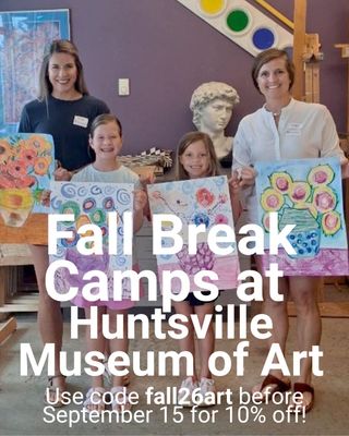 Fall Break is just a month away! Over the next few weeks, we are going to be showcasing some fantastic options to choose from this year.

The Huntsville Museum of Art's Isenberg Art Academy is running Half-Day Art Camps October 5 through 9 with a POP into Art theme. Campers will explore drawing, painting, and printmaking, dig into Pop Art with bright colors and everyday images, and visit the WARHOL exhibition for inspiration. All projects are new this year.

Camp I is for ages 5 to 7, and Camp II is for ages 8 to 10. Both run 9 AM to noon downtown at Big Spring Park, and each one is capped at 12 kids. All materials are provided, so just send a nut-free snack and a drink.

The cost is $190 for members and $290 for non-members. Register by September 15 with code fall26art to save 10%.

Link in bio, or call 256-535-6372.

https://hsvmuseum.org/fall-break-winter-break-camps/