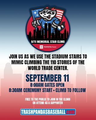 Toyota Field is doing something a little different this weekend, and both days are worth showing up for.

September 11 is the 25th anniversary of the attacks, and the Rocket City Trash Pandas are hosting a Memorial Stair Climb that morning. Gates open at 8 AM, the ceremony starts at 8:30, and then everyone climbs the equivalent of the World Trade Center's 110 stories together. Older kids can do this one, and it's the kind of thing that sticks with them. Wear real shoes, bring water, and expect a quiet, powerful morning.

Then September 12 flips the switch. The USA Patriots Amputee Softball Team takes on AUSA Redstone-Huntsville at 6:35 PM, and if you've never seen these guys play... they are GOOD. Like, stop-what-you're-doing good. Tickets are $10 and benefits USA Patriots Kids Camp, a free week of adaptive sports and mentorship for kids with limb differences. There's a jersey raffle and auction too, so bring a little extra if you want to take a piece of the night home.

One morning to remember. One night to cheer.

Click on the link in our bio for the September 12 game

https://mlb.tickets.com/?agency=MILB_MPV&orgid=54449&eventID=30182&_gl=1*1ai7isu*_gcl_au*MTQ1NjM1NDcxMi4xNzg4NzMzOTQx#/event/E30182/ticketlist/?view=pricescales&minPrice=12.4&maxPrice=12.4&quantity=2&sort=price_desc&ada=false&seatSelection=false&onlyCoupon=true&onlyVoucher=false