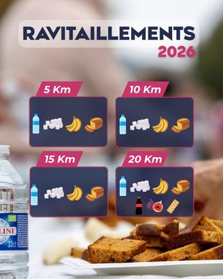 𝗘𝗧 𝗔𝗨𝗫 𝗥𝗔𝗩𝗜𝗧𝗢𝗦, 𝗢𝗡 𝗠𝗔𝗡𝗚𝗘 𝗤𝗨𝗢𝗜 ? 🥤🍌 
Voici ce qui vous attend sur les ravitaillements 2026 !

💧 À tous les ravitos : eau en bouteilles (33cl) + gobelets 💧 

✅𝗞𝗠 𝟱 : Eau • Sucre • Bananes • Pain d’épice
✅ 𝗞𝗠 𝟭𝟬 & 𝟭𝟱 : Eau • Sucre • Bananes • Pain d’épice / Cake
✅ 𝗞𝗠 𝟮𝟬 : Eau • Sucre • Bananes • Pain d’épice / Cake • Coca • Figues • Barres de céréales
✅ 𝗞𝗠 𝟮𝟱 • 𝟯𝟬 • 𝟯𝟱 • 𝟰𝟬 : Eau • Sucre • Bananes • Pain d’épice / Cake • Coca • Figues • Barres de céréales
✅ 𝗔𝗥𝗥𝗜𝗩𝗘́𝗘 : On garde tout ce qui précède… et on ajoute jambon + pain + emmental pour reprendre quelques forces après les 42,195 km. 😋

👉 Un conseil : profitez de vos dernières sorties longues pour tester votre stratégie d’alimentation et d’hydratation.
 Le Jour J n’est pas vraiment le meilleur moment pour improviser... 😅

🍌Team banane ? 🥤 Team Coca ?  Ou déjà en train de penser au jambon-fromage de l’arrivée ? 😅

#MarathonSeineEure #Marathon2026 #Ravitaillement
