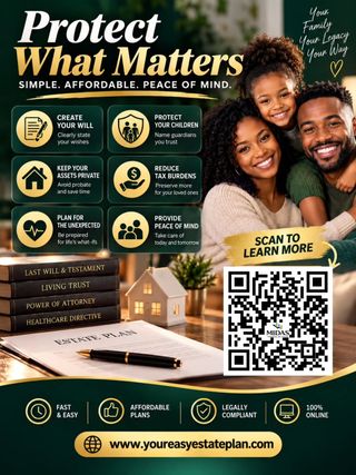 Ad: 🏡💜 You've worked hard to build your life. Now it's time to protect what matters most!

👩🏽‍❤️‍💋‍👨🏽 Your family. Your home. Your assets. Your legacy.

Here's a question worth asking: If something unexpected happened tomorrow, would your loved ones know what to do? 🤔

Estate planning isn't just for the wealthy. It's for anyone who wants to protect their family, preserve their wishes, and make life easier for the people they love. ❤️

✅ Create a will that clearly outlines your wishes.
✅ Name trusted guardians for your children.
✅ Help your loved ones avoid unnecessary probate complications.
✅ Plan for unexpected illness or incapacity.
✅ Explore ways to protect your assets and minimize potential estate taxes.
✅ Give your family clarity and peace of mind.

💻 The best part? You can get started with estate planning online without the hassle of traditional paperwork and appointments.

⏳ Don't wait until it's too late to make important decisions about your family's future.

📲 Scan the QR code or visit:

🌐 www.youreasyestateplan.com

Protect your family. 🫶🏽 Preserve your legacy. Plan with confidence.

📌 Save this post and share it with someone who needs to start planning for their future!

Estate planning options and legal benefits vary by state and individual circumstances.

#estateplanning #protectyourlegacy #legacyplanning #familyfirst❤️