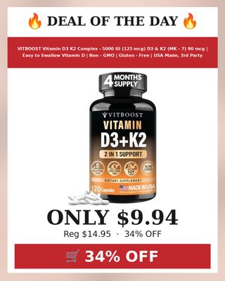 🔥 VITBOOST Vitamin D3 K2 Complex - 5000 IU (125 mcg) D3 & K2 (MK - 7) 90 mcg | Easy to Swallow Vitamin D | Non - GMO | Gluten - Free | USA Made, 3rd Party Tested, 120 Capsules
💰 $9.94 (was $14.95) — 34% OFF
👉 https://deals-aholic.com/d/B0DQDDMLXL
🔗 Link also in bio
✨ Is this going on your wishlist?
#yourdealishere
#ad
