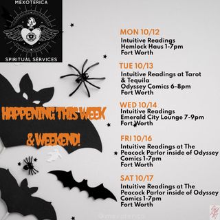 Check out what I’ll be offering this week! 👻

Can’t make it to the shop? I also offer virtual readings and in-home services in DFW. Send a DM for more info and availability. ✨

Your likes, comments, saves and follows are greatly appreciated. 🙏🏽

-Oz 🪬
•
•
•
#mexoterica #tarot #reading #events #fortworth