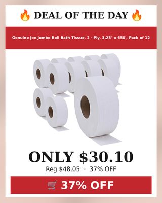 🔥 Genuine Joe Jumbo Roll Bath Tissue, 2 - Ply, 3.25" x 650', Pack of 12
💰 $30.10 (was $48.05) — 37% OFF
👉 https://deals-aholic.com/d/B00HX4F94S
🔗 Link also in bio
💬 What do you want me to post next?
#yourdealishere
#ad
