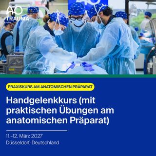 Begleiten Sie die Chairs Tim Lögters (Cellitinnen Krankenhaus St. Vinzenz) und Michael Schädel-Höpfner (Lukaskrankenhaus Neuss, Rheinland Klinikum) beim AO Trauma Kurs — Handgelenkkurs (mit praktischen Übungen am anatomischen Präparat).

Der Kurs vermittelt durch hochkarätige Referenten, die auch als Tischinstruktoren anwesend sind, umfassendes Wissen rund um das traumatisierte Handgelenk für den klinischen Alltag. Im Fokus stehen distale Radiusfrakturen und Verletzungen der Handwurzel mit praktischen Übungen an thielfixierten Präparaten, Fallbesprechungen in kleinen Gruppen und der gemeinsamen Erarbeitung von Behandlungskonzepten.

Zentrale Themen:
- Festlegen eines operativen Therapiekonzeptes für distale Radiusfrakturen nach Analyse von Röntgenbildern und Computertomographie
- Ausführen von Osteosynthesen am distalen Radius gemäß Operationsplanung über palmare / dorsale Zugänge
- Abwägung differentialtherapeutischer Optionen und Durchführung spezieller Operationen bei Verletzungen der Handwurzel
- Beherrschen der Indikationsstellung und Durchführung von Eingriffen bei posttraumatischen Zuständen des Handgelenkes
- Erkennen und Verstehen potenzieller Komplikationen der angewendeten Techniken

📍 Düsseldorf, Germany
🔊 German

Termin vormerken
https://ow.ly/EuBI50ZZmnP