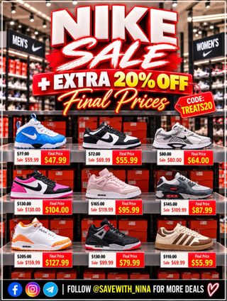 🚨🔥 NIKE SALE ALERT! 👟

Nike & Jordan deals starting at just $47.99 after EXTRA 20% OFF! 😱

🏷️ Code: TREATS20

🔥 Sizes may sell out fast!

💬 Comment “LINK” to shop!

https://on.ltk.com/+SK2TxE3dB2JdMAXoC93ySw

#NikeDeals #NikeSale #SneakerDeals #JordanDeals #SaveWithNina DealAlert

Affiliate links may earn me a commission.