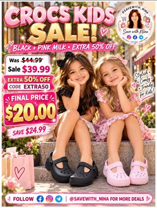 🚨 CROCS KIDS FOR JUST $20?! 😱💗

Was $44.99 → NOW $20 with code EXTRA50! 🔥

Black & Pink Milk 🎀

RUN, DON’T WALK! 🏃‍♀️

💬 Comment LINK to shop!

https://on.ltk.com/+ixOcC3WFpo8wg3TpBbWBRg
#ad #affiliate #CrocsDeals #SaveWithNina