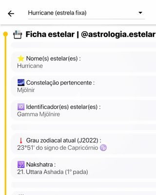 Às vezes um design simplista pode acabar se sobressaindo em relação a um design mais complexo: pensando nisso, estou testando esse novo modelo de post que é bem mais prático de ser produzido (e também "mais clean", eu diria).

Tem alguma outra estrela fixa que você gostaria que eu trouxesse uma linha do tempo? Me conta nos comentários! 😃

#astrologiaestelar #astrologia #fichaestelar #linhadotempo #estrelasfixas #estrelafixa #Hurricane #uttaraashadanakshatra #capricornio #planetas #BobDylan #Midhelf #Muse #KanyeWest #IPrevail #Dido #RinaSawayama #PanicattheDisco #Cannons #ThirtySecondstoMars