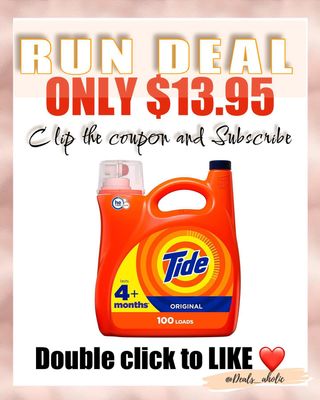 ‼ CLIP COUPON + SUB & SAVE ‼ 
AS LOW AS $13.95 WITH $3.00 OFF COUPON + CHECKOUT VIA SUBSCRIBE & SAVE
Did you score ? Comment below 😉
Link In my Bio to shop ! 

- COUPON MAY BE SELECT ACCOUNTS ONLY!
Tide Liquid Laundry Detergent, Original, 100 loads, 146 fl oz, HE Compatible

⚠️ Follow @deals_aholic if you haven’t yet 

⚠️Missing out on deals?

✅ Like our posts and comment. This way Ig will keep showing you our deals in your feed 😉
✅Turn on Post/Story notifications to be alerted when I share a deal ! 
��⚠️Tap in my story for fast  hot deals and clearances. 
Join my FREE Telegram group with the first link in my bio, receive instant notifications on all deals first!

⚠️Disclaimer: I do not own the brand's trademarks, logos, pictures or products posted. I do not intend to infringe on copyright. I find such content available on the internet. Contents are considered fair use. 
Ad ( I earn commission with sales ) 

Snagged it? Wanna tag a friend?  Drop their names below 

Prices, promotions and codes are valid at the time posted but it can expire at anytime. If so let me know 

https://amzn.to/43cZaEA

#amazonprime #amazondeals #amazonfinds