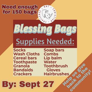 Hey Techies! As we head further into the semester and the colder months, we are continuing our annual blessing bag packing to help support and encourage the homeless in our community. If you would like to join us on this mission, please consider donating items to help fill these bags. We will be collecting items until Sept. 27th when we pack the bags.