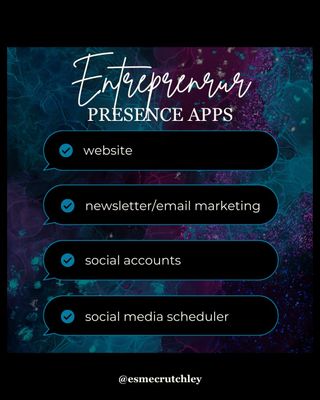 As an entrepreneur, there are a couple of apps that we can use to present ourselves to the world.

A good website, even if it's just a simple landing page, can tell new people what we're all about. Split this into sections with headings to make it more reader-friendly!

We all need an email list. Entrepreneurs should have one. Period.

Most of us have social media specifically for our businesses. This allows us to have a good separation and boundaries between our business presentation and our personal lives.

Social Media Schedulers don't have to be expensive (of course, there are some that are!), but it might help to think about their cost in terms of time saved. If you want to be present on multiple platforms, it might make sense to you to invest in a scheduler so that you can batch-create your posts and schedule them out at a time that makes sense for your audience, rather than living on social media

#SystemsAndGlitter #Branding #Entrepreneur #EntrepreneurLife #Productivity

https://esme.fyi/insta